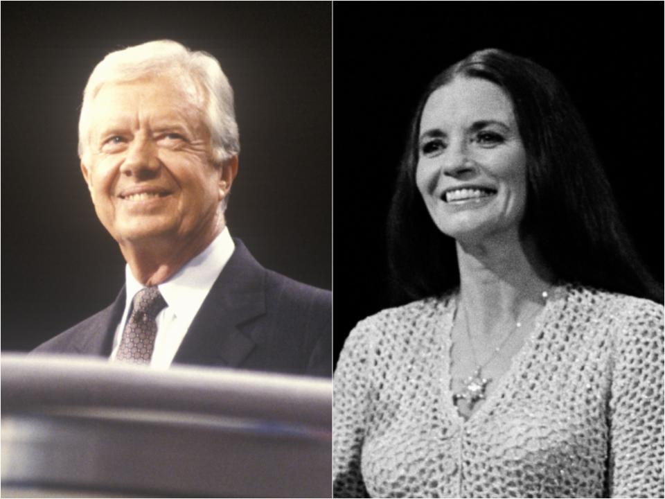 Jimmy smiling and looking up in a suit next to a black and white photo of June smiling in a crochet top.