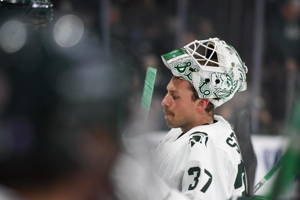 MSU goalie Dylan St. Cyr pictured Friday, Dec. 2, 2022, during the first period against Minnesota at Munn Ice Arena in East Lansing.