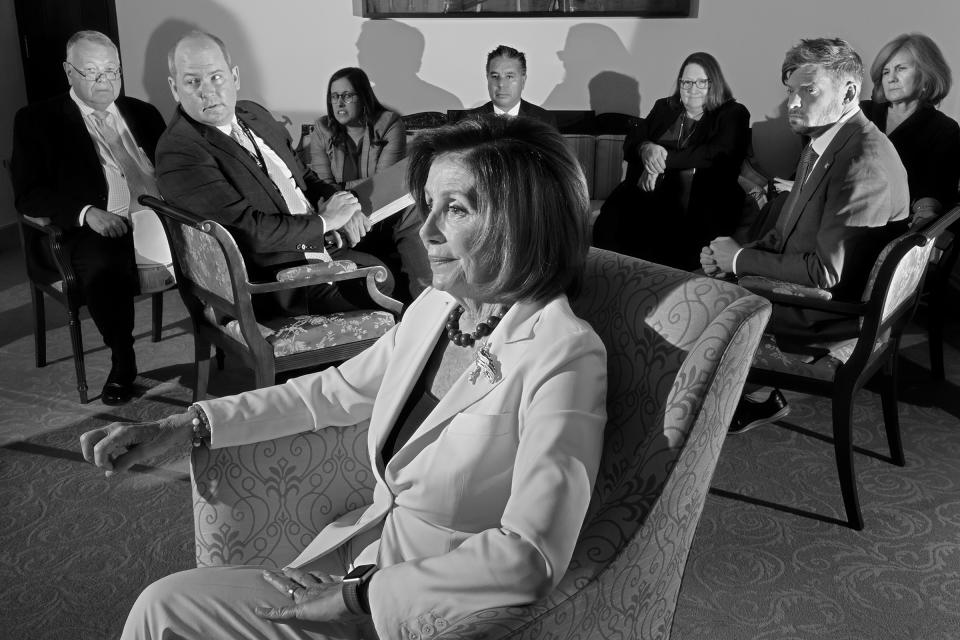 <strong>Nancy Pelosi</strong>, Speaker of the House, meets with her staff on Capitol Hill on Dec. 5, 2019. "<a href="https://time.com/5762021/nancy-pelosi-trump-impeachment-gamble/" rel="nofollow noopener" target="_blank" data-ylk="slk:Pelosi's Play;elm:context_link;itc:0;sec:content-canvas" class="link ">Pelosi's Play</a>," Jan. 20 issue.<span class="copyright">Philip Montgomery for TIME</span>