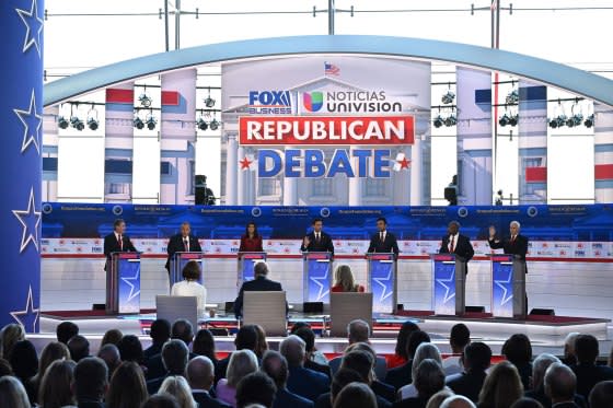 North Dakota Governor Doug Burgum, former Governor of New Jersey Chris Christie, former Governor from South Carolina and UN ambassador Nikki Haley, Florida Governor Ron DeSantis, entrepreneur Vivek Ramaswamy, SenatorTim Scott and former Vice President Mike Pence attend the second Republican presidential primary debate at the Ronald Reagan Presidential Library in Simi Valley, Calif., on Sept. 27, 2023.<span class="copyright">Robyn Beck—AFP/Getty Images</span>