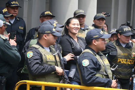 Opposition leader Keiko Fujimori leaves Justice Palace after a judge ordered her back to jail pending a trial over allegations she used her conservative party to launder money for Brazilian construction company Odebrecht in Lima, Peru in this undated picture released on November 1, 2018. Andina/Vidal Tarqui Handout via REUTERS