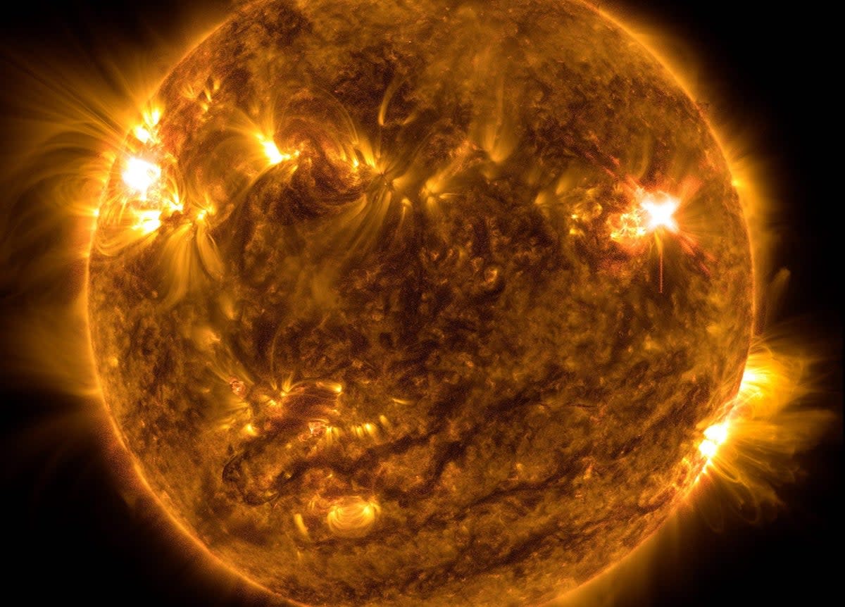 NASA’s Solar Dynamics Observatory captured this image of a solar flare – as seen in the bright flash on the top right – on Oct. 2, 2022. The image shows a subset of extreme ultraviolet light that highlights the extremely hot material in flares and which is colorized in orange (NASA/SDO)