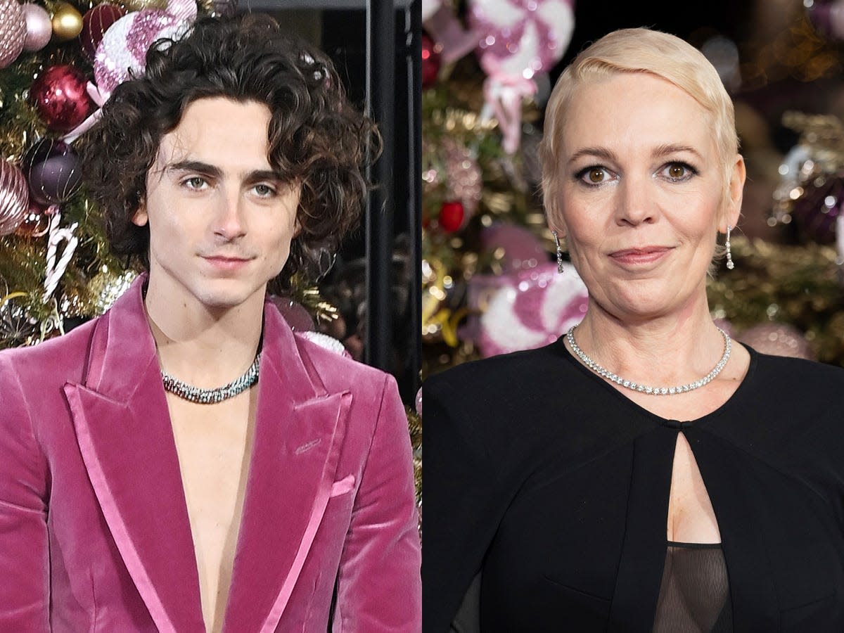 Timothee Chalamet and Olivia Colman at the World Premiere of "Wonka" at The Royal Festival Hall in London, England.