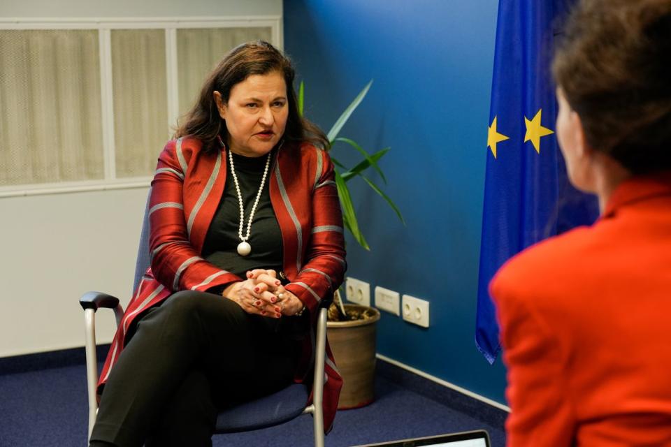 EU Ambassador to Ukraine Katarina Mathernova speaks to the Kyiv Independent at the EU Delegation to Ukraine headquarters in Kyiv on Nov. 8. (Liza Pyrozhkova/The Kyiv Independent)