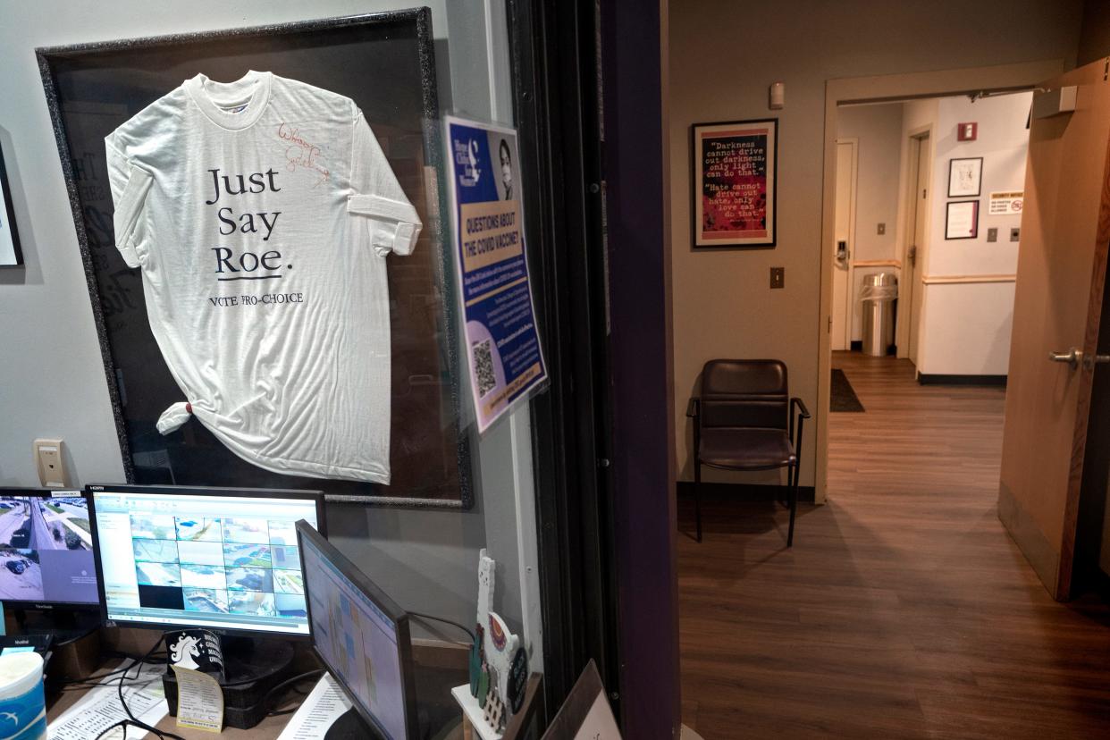 A "Just Say Roe" t-shirt hangs in the front office at the Hope Clinic for Women, Tuesday, July 19, 2022 in Granite City, Ill.