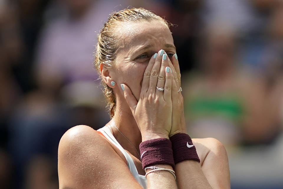 Petra Kvitova, of the Czech Republic, reacts after defeating Garbine Muguruza, of Spain, during the third round of the U.S. Open tennis championships, Saturday, Sept. 3, 2022, in New York. (AP Photo/Eduardo Munoz Alvarez)