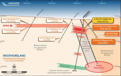 Figure 2: Cross section looking north of hole AMD012 (4.00 m @ 201 ppm U3O8 from 65.00 m).  Mineralisation has been extended further 45m to the East and still remains open down dip. (CNW Group/Laramide Resources Ltd.)