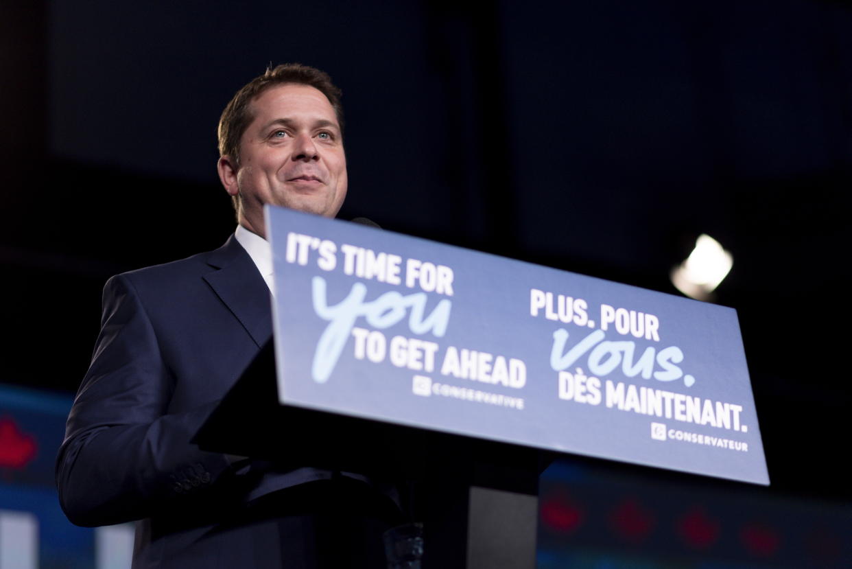 Andrew Scheer speaks to his supporters on the stage at Conservative Party HQ on Election Day in Regina on Monday Oct. 21, 2019. (Michael Bell/The Canadian Press via AP)