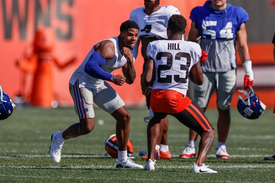 Cleveland Browns cornerback Troy Hill (23) and New York Giants wide receiver Sterling Shepard (3) get into a fight during a joint NFL football training camp practice Friday, Aug. 20, 2021, in Berea, Ohio. (AP Photo/Ron Schwane)