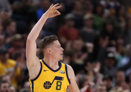 Apr 5, 2018; Salt Lake City, UT, USA; Utah Jazz forward Jonas Jerebko (8) reacts to his three-pointer in the second quarter against the LA Clippers at Vivint Smart Home Arena. Mandatory Credit: Jeff Swinger-USA TODAY Sports