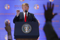 <p>President Donald Trump answers questions about the summit with North Korea leader Kim Jong Un during a press conference at the Capella resort on Sentosa Island Tuesday, June 12, 2018 in Singapore. (Photo: Evan Vucci)/AP </p>