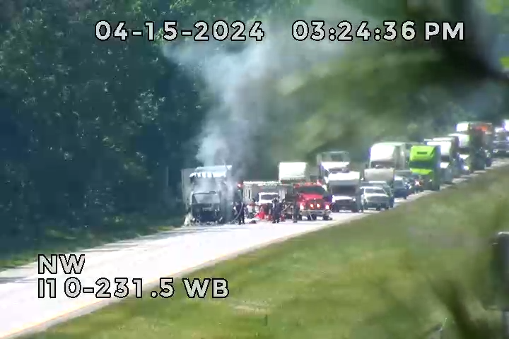A semi-truck that went up in flames in the eastbound lane of I-10 near mile marker 231 snarled traffic for miles.