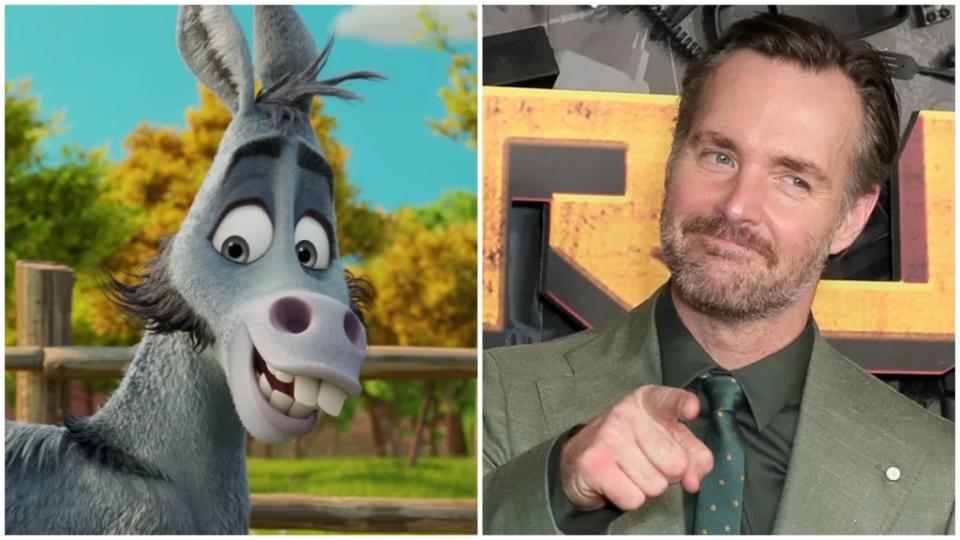 Side-by-side images of Otis, an animated donkey in Thelma the Unicorn, and Will Forte on the red carpet