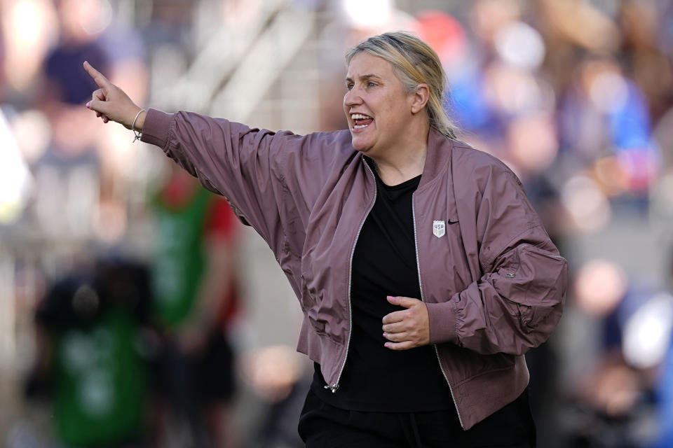 United States women's national head coach Emma Hayes directs her players during the second half of an international friendly soccer match against South Korea, Saturday, June 1, 2024, in Dick's Sporting Goods Park in Commerce City, Colo. (AP Photo/David Zalubowski)