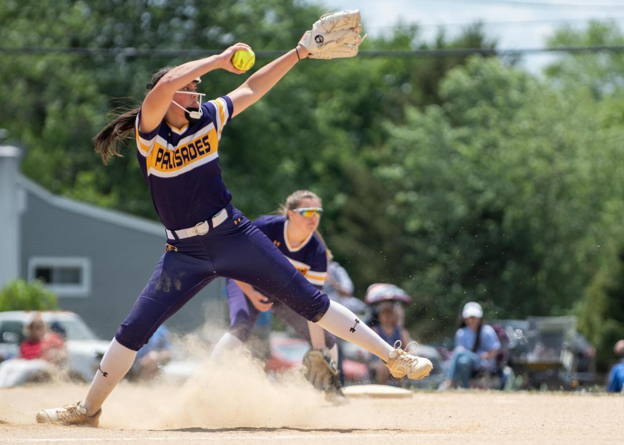 Palisades' Karlye Teman pitches against Conwell-Egan in a first-round PIAA 3A state playoff softball game, on Monday, June 5, 2023, at Palisades High School in Nockamixon. The Pirates advance to the quarterfinals after defeating the Eagles 9-5.