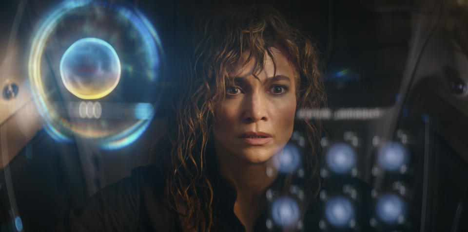 This image released by Netflix shows Jennifer Lopez in a scene from "Atlas." (Netflix via AP)