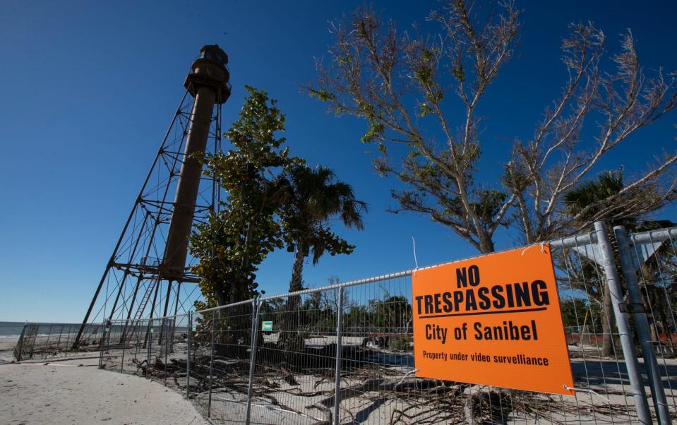 The Sanibel Lighthouse is still under repair Tuesday, Dec. 19 2023, after suffering the impacts from Hurricane Ian last year.