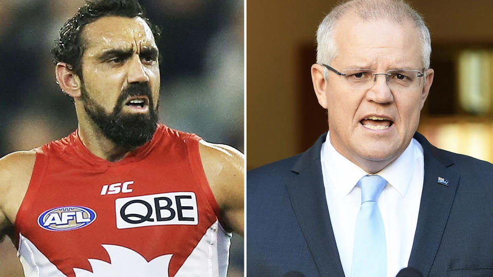 Adam Goodes and Scott Morrison, pictured here in the AFL and at parliament.