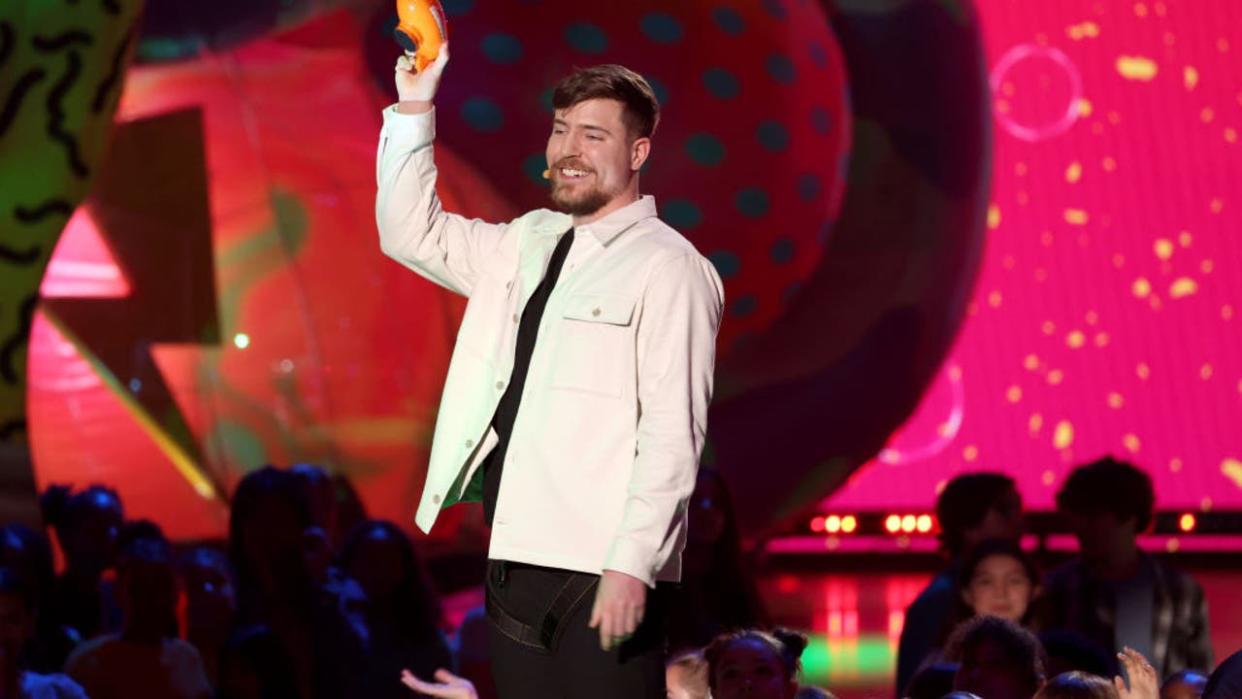 <div>MrBeast accepts the Favorite Male Creator award onstage during the 2023 Nickelodeon Kids' Choice Awards at Microsoft Theater on March 04, 2023 in Los Angeles, California. (Photo by Monica Schipper/Getty Images for Nickelodeon)</div>