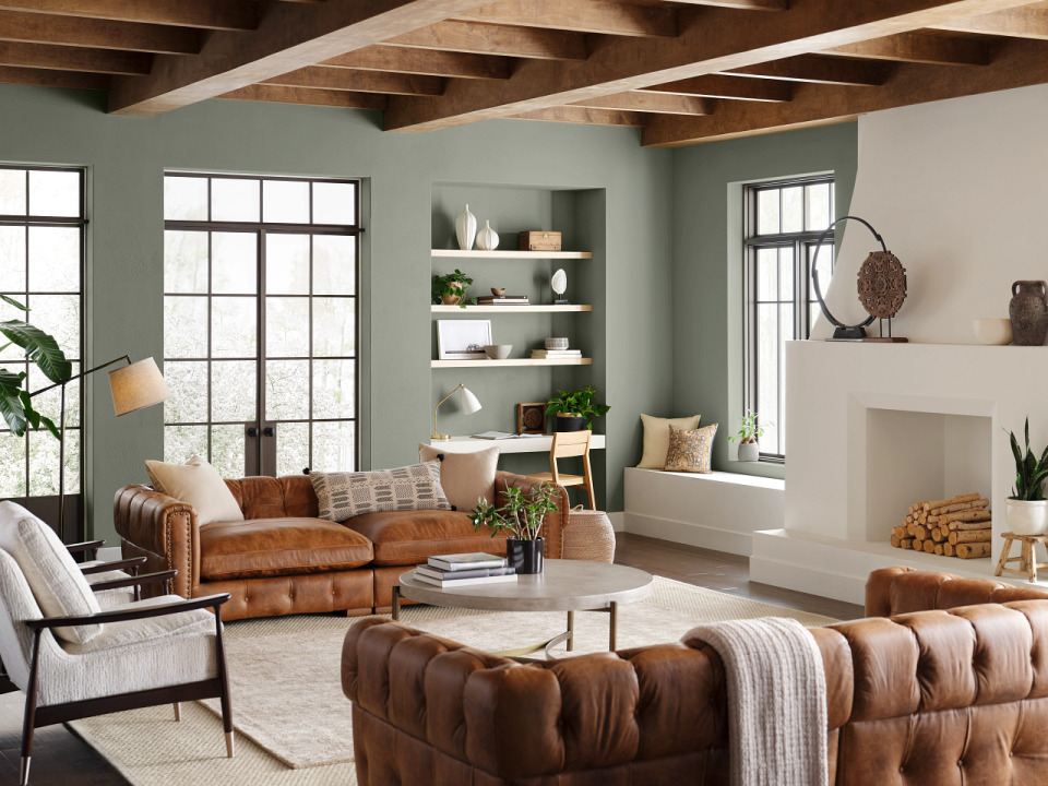 A look at the Evergreen Fog color in a room.