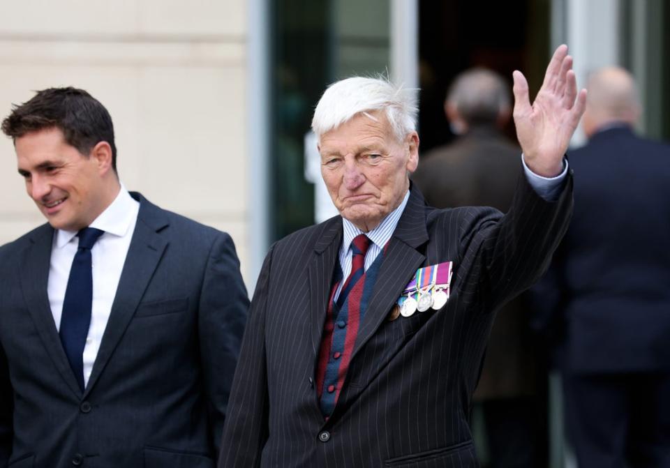 Johnny Mercer with Dennis Hutchings at Laganside Courts in Belfast earlier this month (Peter Morrison/PA) (PA Wire)