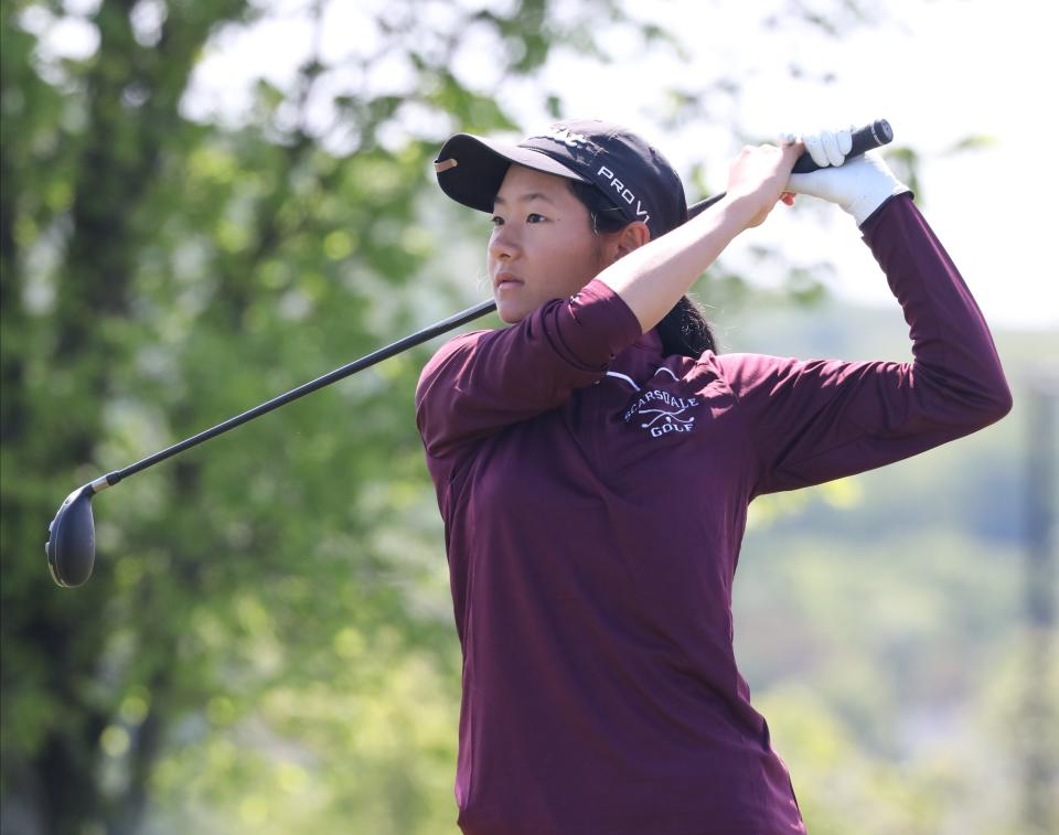 Emma Lee from Scarsdale competes during the first round of the Section One girls golf tournament at The Links at Union Vale in Lagrangeville, May 18, 2023. 