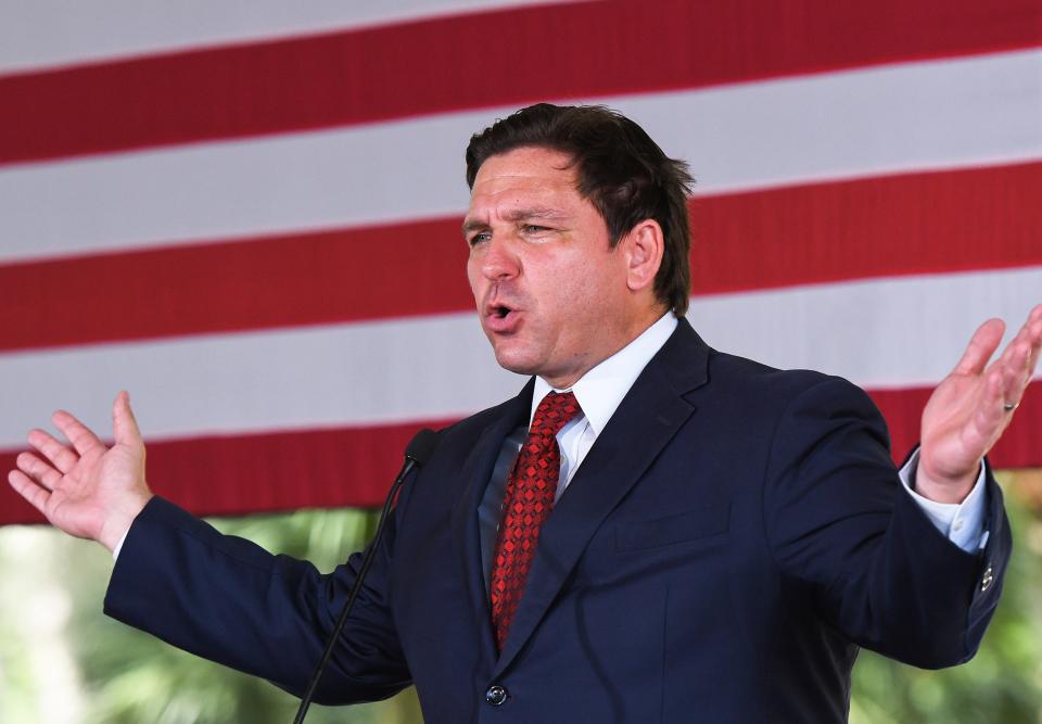 2022/08/24: Florida Gov. Ron DeSantis speaks to supporters at a campaign stop on the Keep Florida Free Tour at the Horsepower Ranch in Geneva.