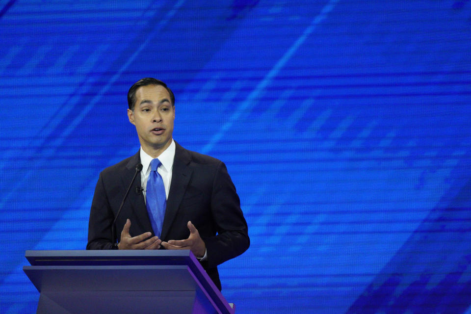 Democratic presidential candidate former Housing Secretary Julian Castro gives his closing statement Thursday, Sept. 12, 2019, during a Democratic presidential primary debate hosted by ABC at Texas Southern University in Houston. (AP Photo/David J. Phillip)