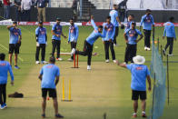 Bangladesh's Mahmudullah bowls with a pink ball during a practice session ahead of their second cricket test match against India, in Kolkata, India, Thursday, Nov. 21, 2019. The second and final game in the series is scheduled to be played in Kolkata starting on Nov. 22 and is expected to be a first day-night test for both sides, with a pink ball rather than a red one being used. (AP Photo/Bikas Das)