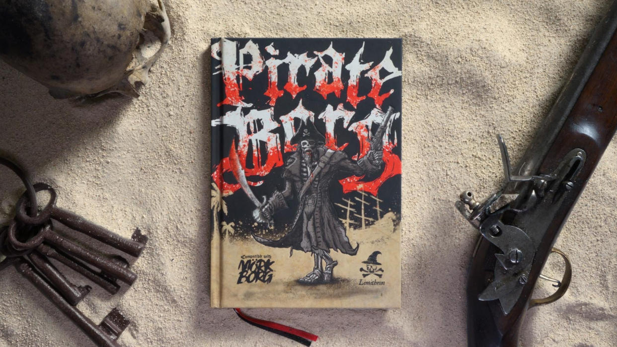  Pirate Borg book on a sandy surface with keys, a skull, and a flintlock pistol nearby. 