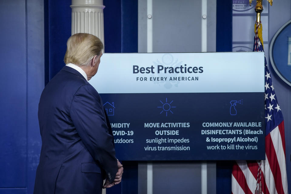 President Trump participates in a daily briefing of the coronavirus task force at the White House on April 23. (Photo by Drew Angerer/Getty Images)