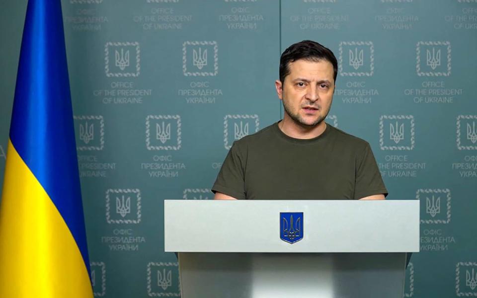 Ukrainian President Volodymyr Zelensky delivering an address in Kyiv