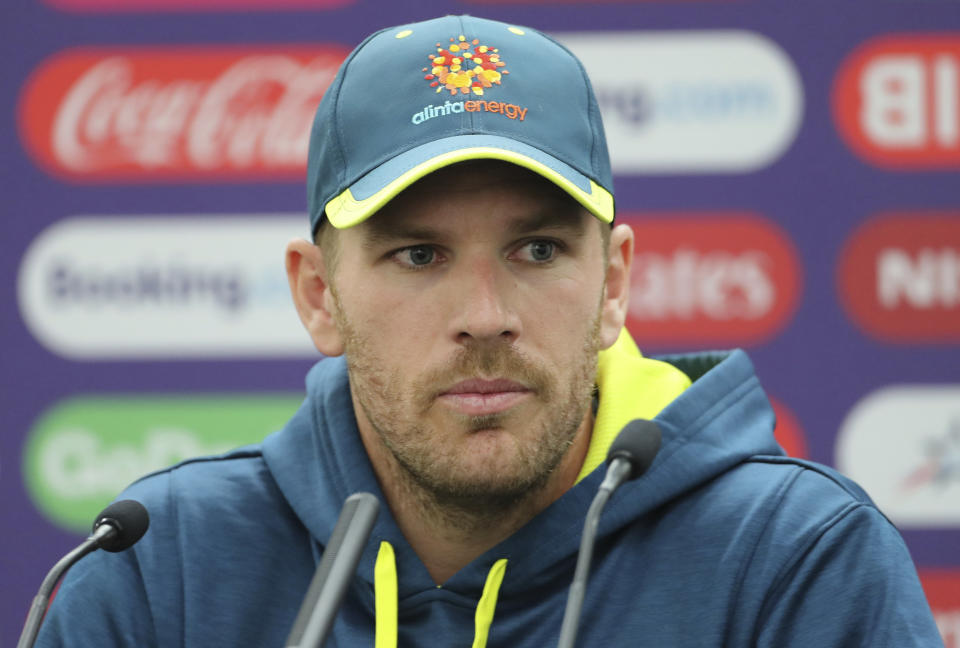 Australia's captain Aaron Finch speaks during a press conference ahead of their Cricket World Cup match against India at The Oval in London, Saturday, June 8, 2019. (AP Photo/Aijaz Rahi)