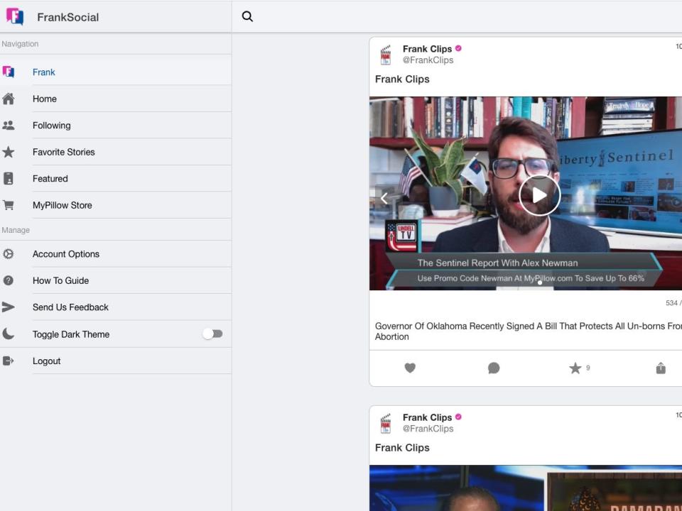 A screengrab of the Frank Social news feed