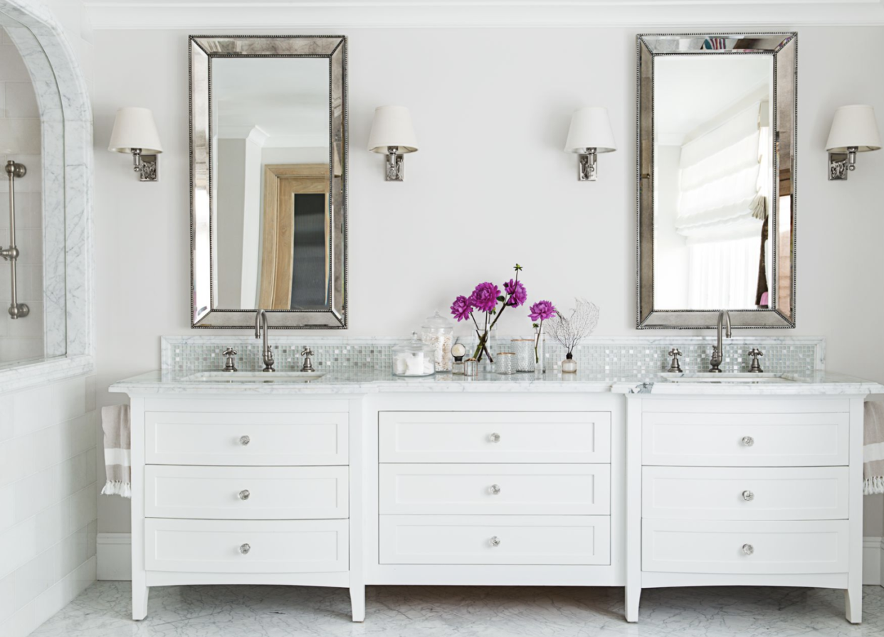 bathroom storage ideas, wide white dresser in the bathroom with two mirrors and sinks