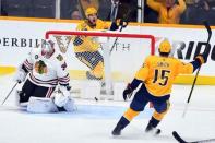 Apr 6, 2019; Nashville, TN, USA; Nashville Predators right wing Viktor Arvidsson (33) celebrates after scoring the go-ahead and record goal for goals in a season by a Nashville Predators past Chicago Blackhawks goaltender Cam Ward (30) during the third period at Bridgestone Arena. Mandatory Credit: Christopher Hanewinckel-USA TODAY Sports