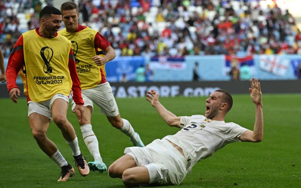 Serbia's defender #02 Strahinja Pavlovic celebrates scoring his team's first goal - AFP