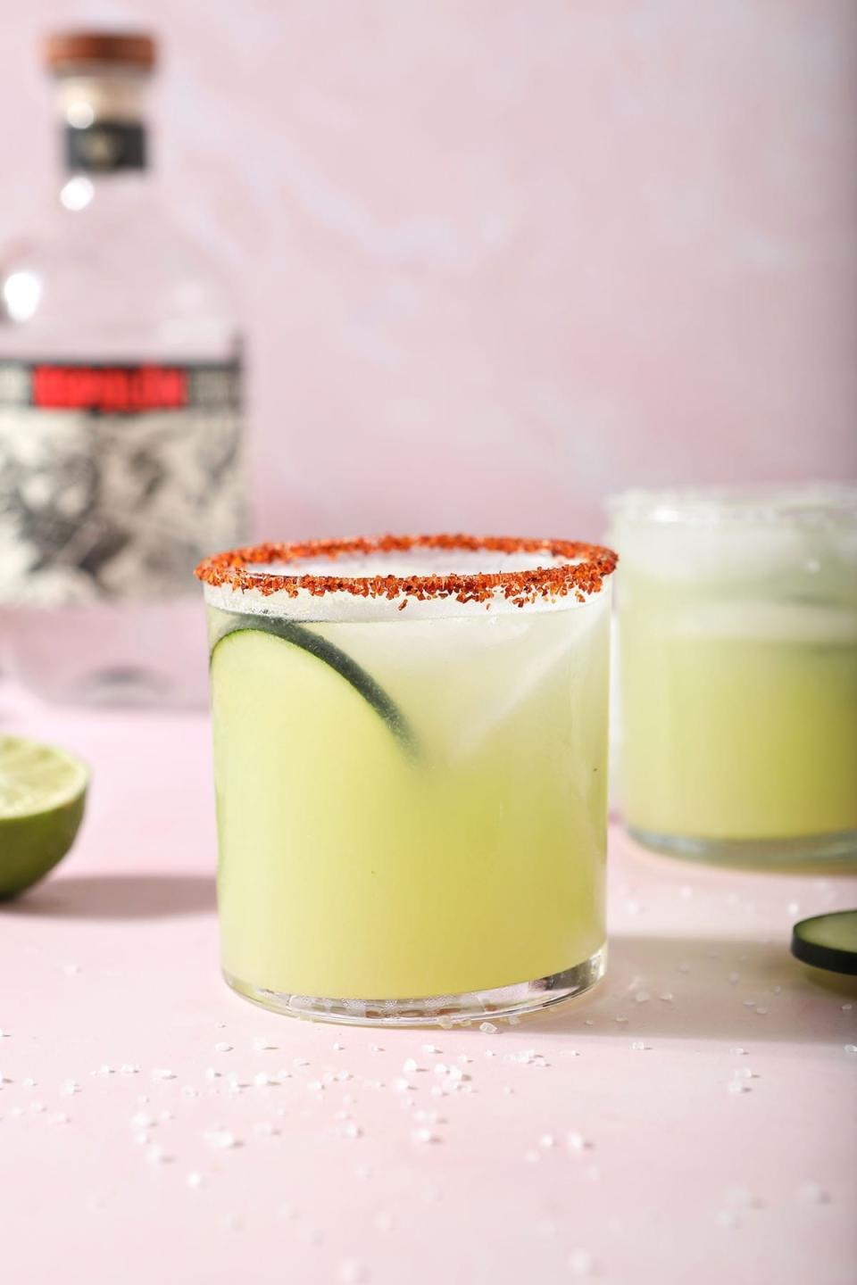 A cucumber margarita with salted rim.