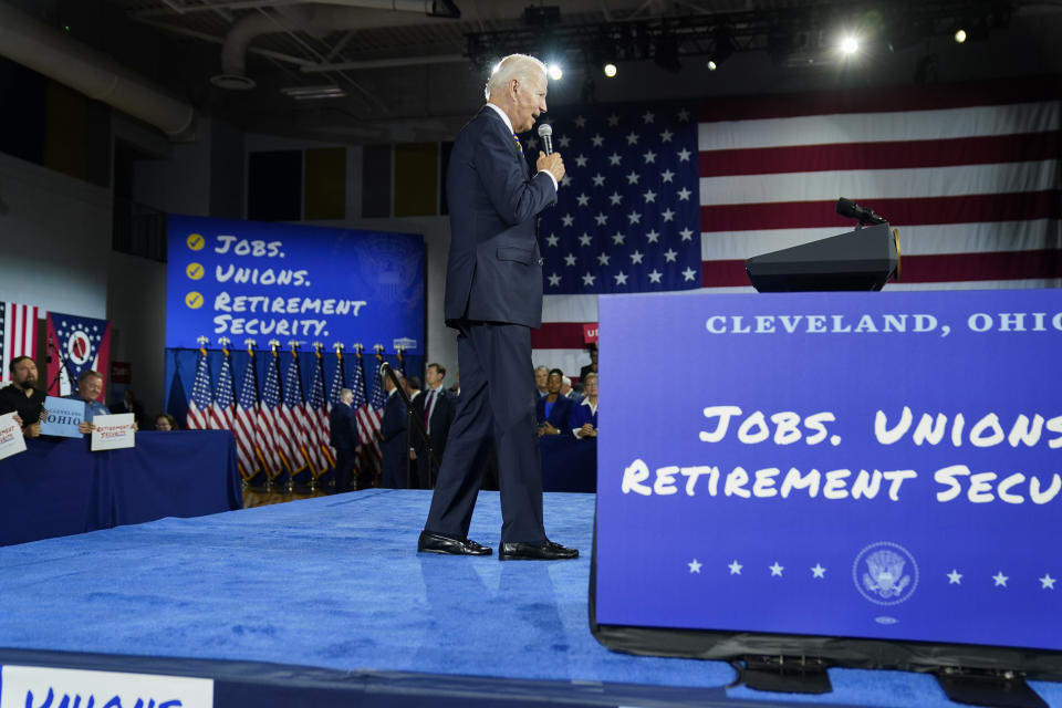 President Joe Biden speaks at Max S. Hayes Hight School, Wednesday, July 6, 2022, in Cleveland. (AP Photo/Evan Vucci)