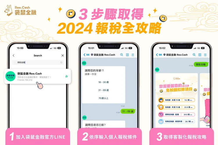 袋鼠金融互動式LINE報稅攻略機器人僅需三個步驟就能列出屬於自己的報稅建議。Gogolook提供。