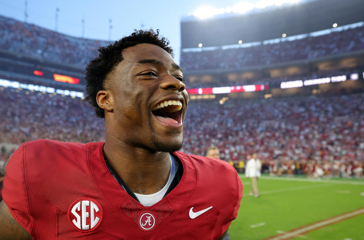 TUSCALOOSA, ALABAMA - OCTOBER 21:  Jalen Milroe #4 of the Alabama Crimson Tide reacts after their 34-20 win over the Tennessee Volunteers at Bryant-Denny Stadium on October 21, 2023 in Tuscaloosa, Alabama. (Photo by Kevin C. Cox/Getty Images)