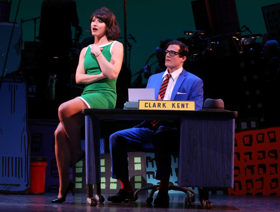 This undated image released by Helene Davis Public Relations shows Jenny Powers as Lois Lane, left, and Edward Watts as Clark kent in Encore's "It's A Bird It's A Plane It's Superman," performing through March 24 at New York City Center in New York. (AP Photo/Helene Davis Public Relations, Joan Marcus)