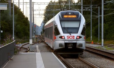 A display reading " Do not enter" is seen after a 27-year-old Swiss man's attack on a Swiss train at the railway station in the town of Salez, Switzerland August 13, 2016. REUTERS/Arnd Wiegmann