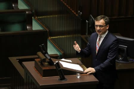 Poland's Minister of Justice, Zbigniew Ziobro addresses the parliament in Warsaw, Poland, July 18, 2017. Agencja Gazeta/Slawomir Kaminski/via REUTERS