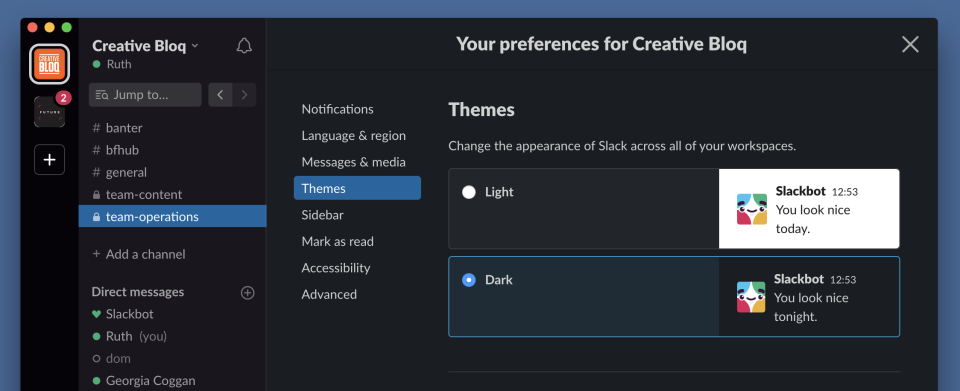 image of Slack in dark mode