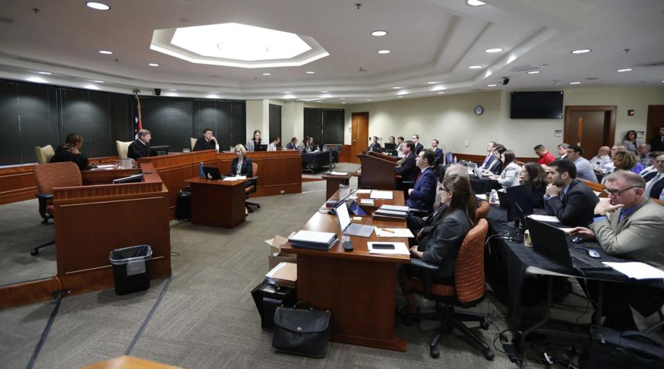 <div class="inline-image__caption"><p>A three-judge panel listens during the first day of the gerrymandering trial challenging the North Carolina legislature district lines on July 15, 2019, at Campbell University's Law School in Raleigh, N.C.</p></div> <div class="inline-image__credit">Ethan Hyman/Raleigh News & Observer/Tribune News Service via Getty</div>