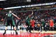 Dec 8, 2018; Chicago, IL, USA; Chicago Bulls guard Shaquille Harrison (3) drives towards the basket against the Boston Celtics during the second half at United Center. Patrick Gorski-USA TODAY Sports - 11814127