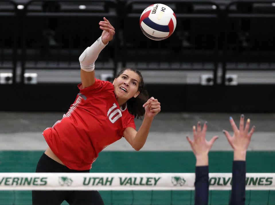Bountiful’s Taylor Harvey hits the ball during a 5A volleyball state tournament quarterfinal game against Skyline at the UCCU Center in Orem on Thursday, Nov. 2, 2023. | Kristin Murphy, Deseret News