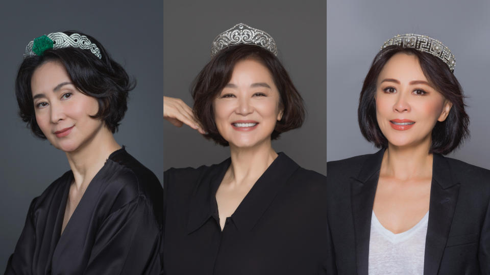 Pansy Ho, Brigitte Lin, and Carina Lau wearing tiaras by Cartier