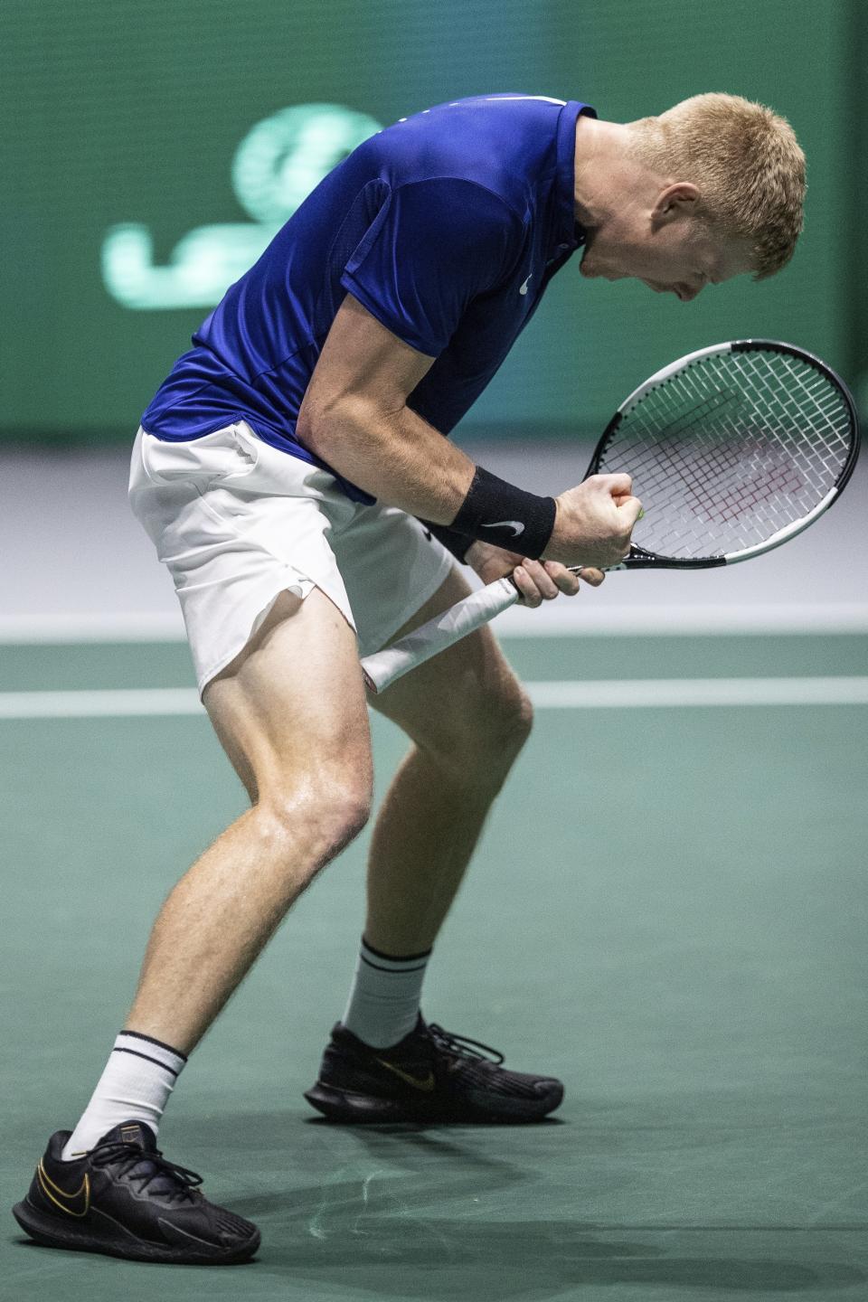 Great Britain's Kyle Edmund celebrates a point against Germany's Philipp Kohlschreiber during a Davis Cup quarterfinal match in Madrid, Spain, Friday, Nov. 22, 2019. (AP Photo/Bernat Armangue)